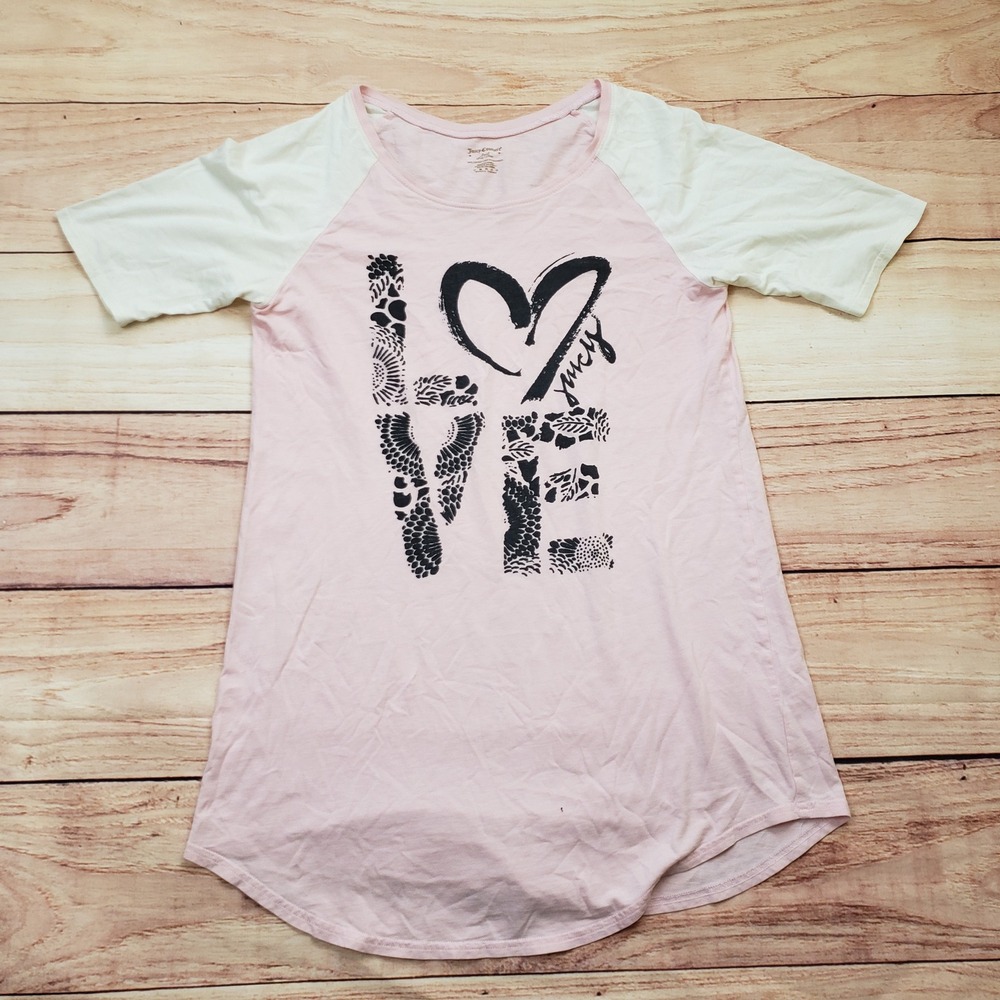 VINTAGE Juicy Couture Shirt Womens Small Pink White Love Short Sleeve Y2K